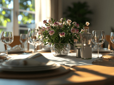 Ein stilvoll gedeckter Tisch mit frischen Blumen als Dekoration