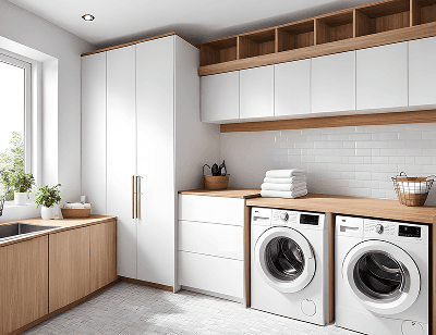 Waschküche mit hellem Boden und einem Fenster, in dem weiße Schränke mit Holzakzenten sowie zwei Waschmaschinen stehen